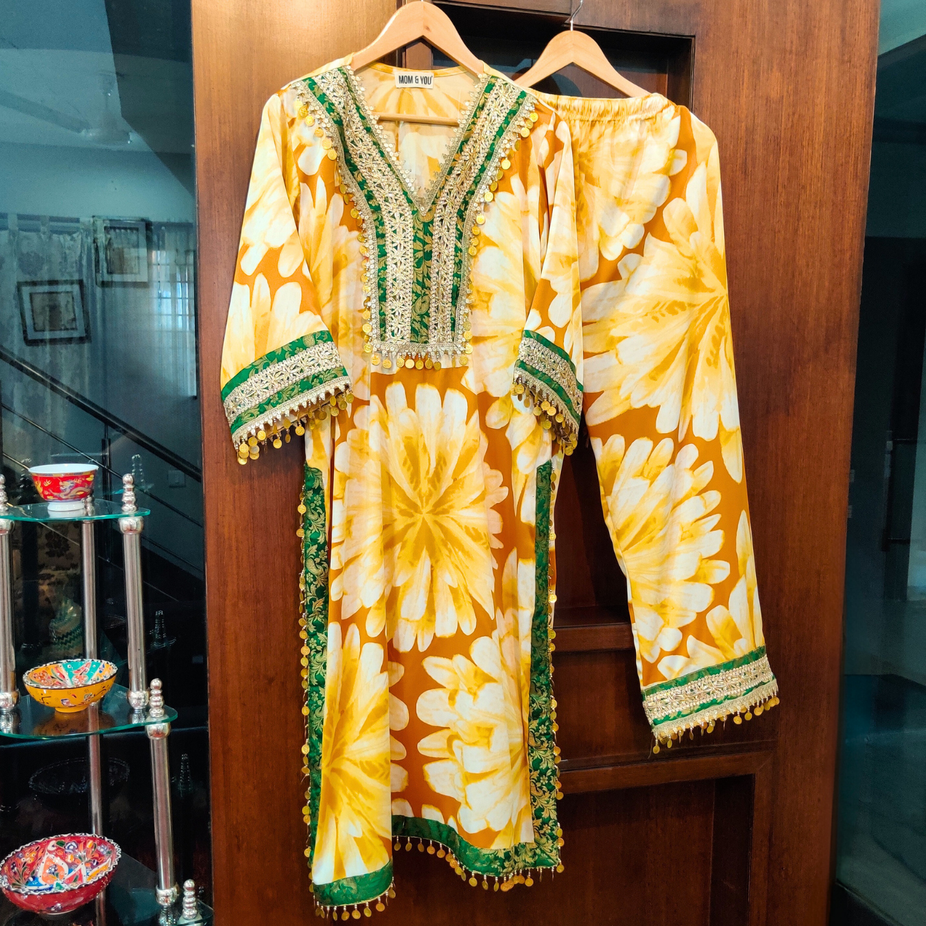 Yellow and Brown Moss Georgette Stitched Co-Ord Set