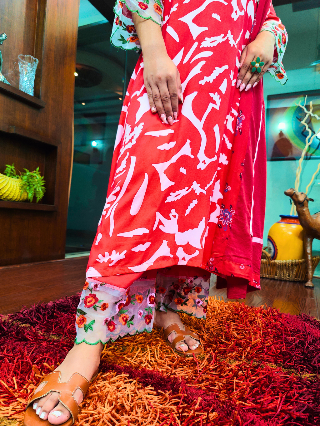 Red and White Floral Embroidered Lace Stitched Suit Set