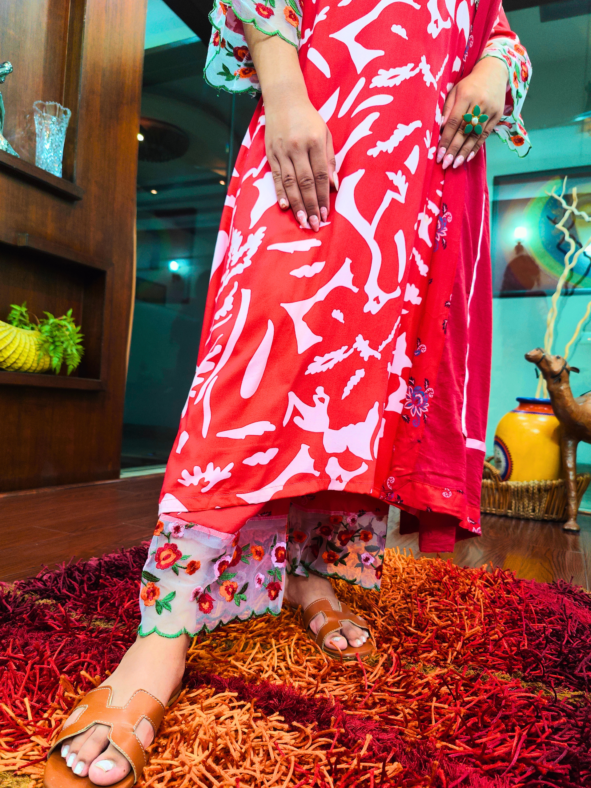 Red and White Floral Embroidered Lace Stitched Suit Set