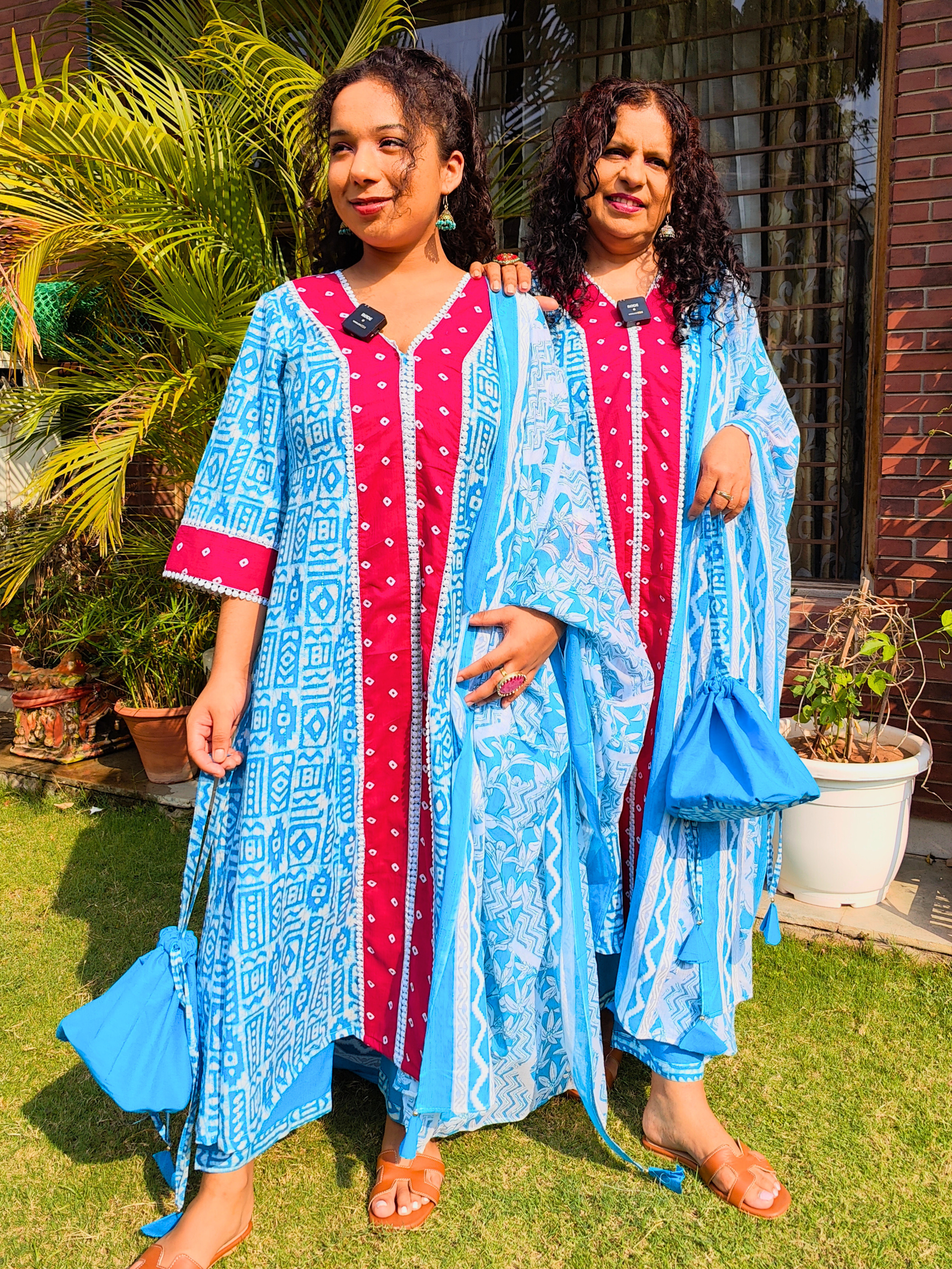 Sky Blue Digital Printed Magenta Bandhej Anarkali Cotton Stitched Suit Set