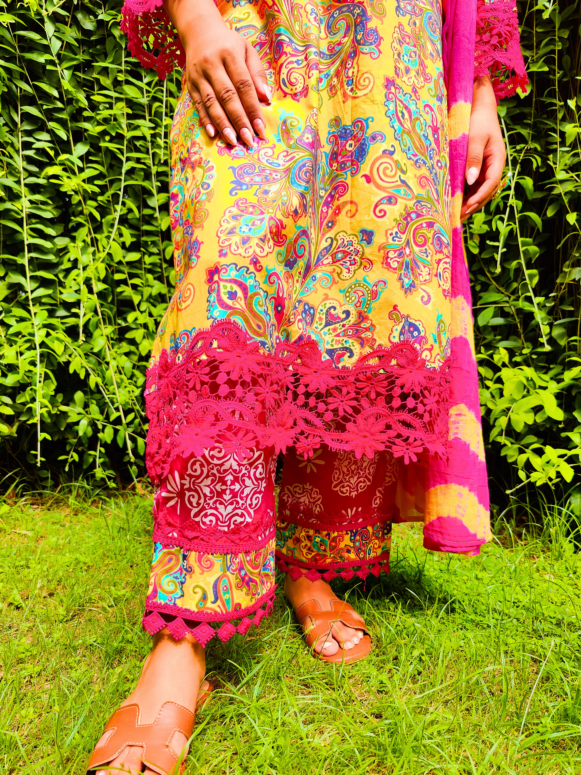 Yellow Kalamkari Magenta Italian Lace Cotton Stitched Suit Set