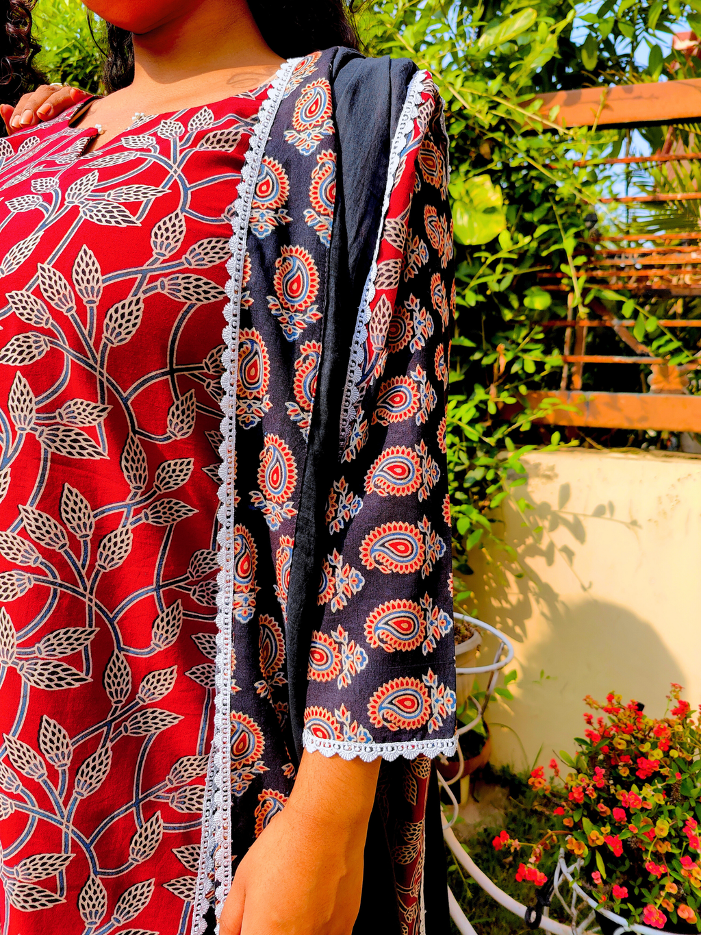 Maroon and Black Ajrakh Cotton Stitched Suit Set