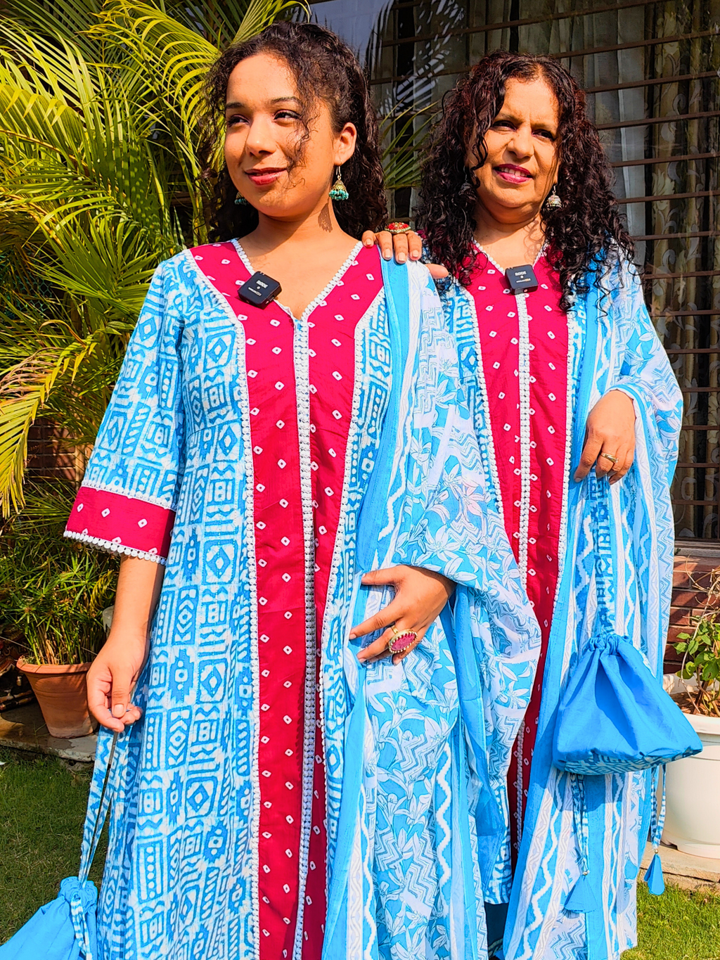 Sky Blue Digital Printed Magenta Bandhej Anarkali Cotton Stitched Suit Set