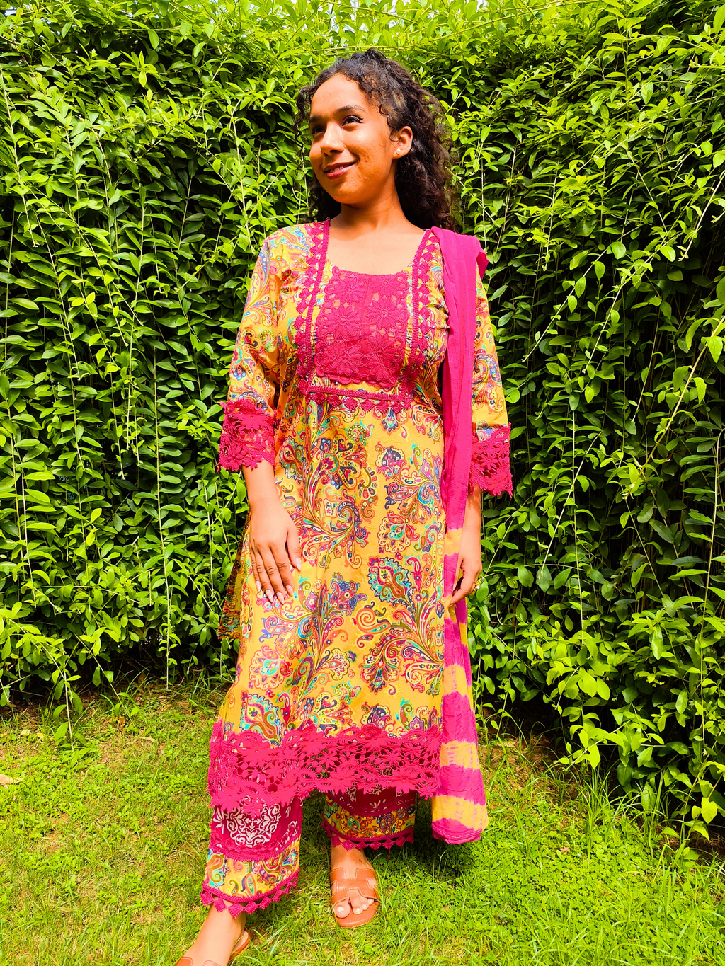 Yellow Kalamkari Magenta Italian Lace Cotton Stitched Suit Set