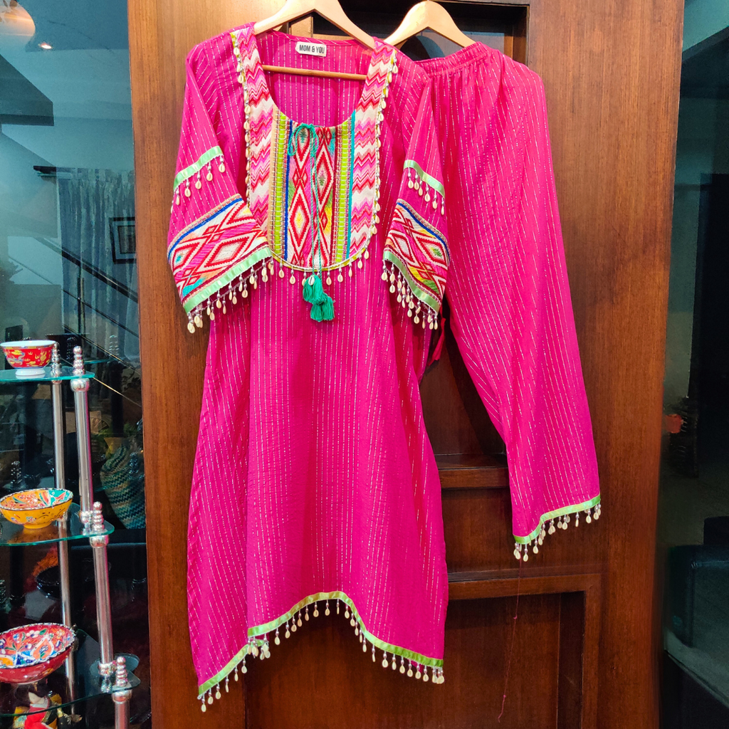 Magenta Multi Colour Embroidered Lurex Cotton Stitched Co-Ord Set