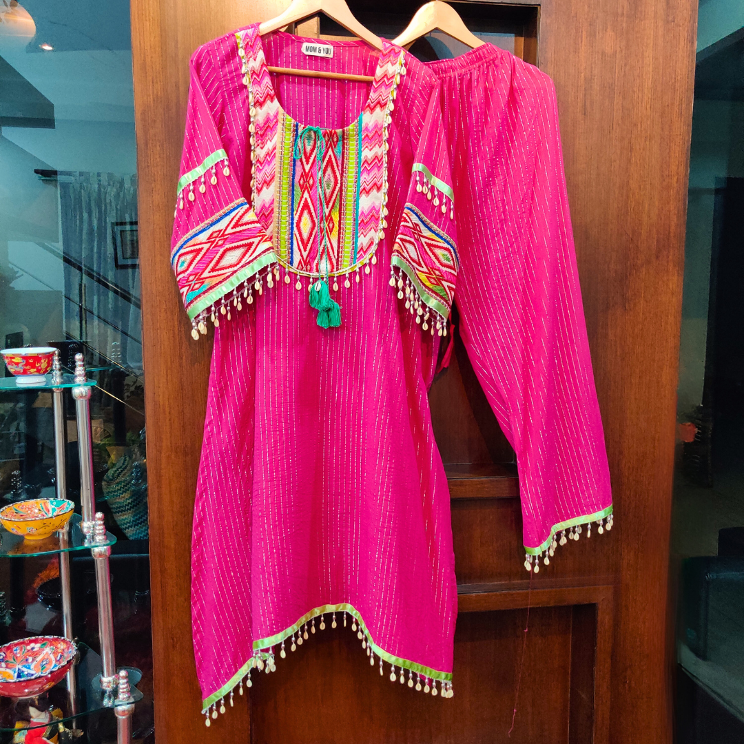 Magenta Multi Colour Embroidered Lurex Cotton Stitched Co-Ord Set