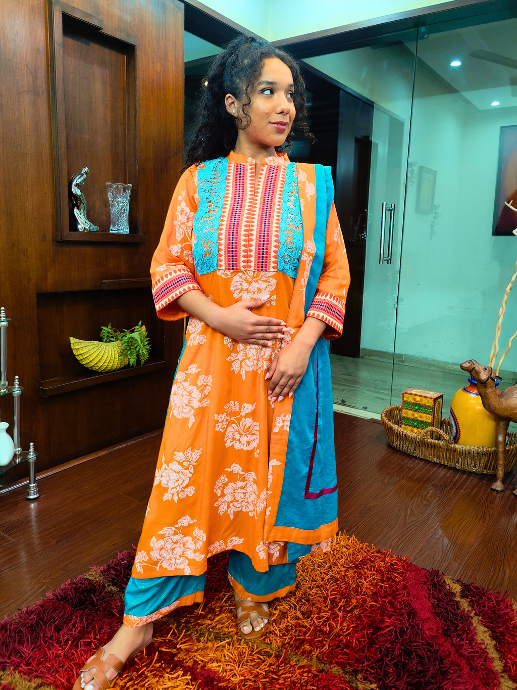 Orange Digital Printed Afghani Embroidered Stitched Suit Set