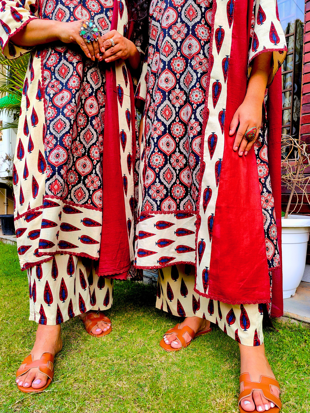 Cream Ajrakh Cotton Stitched Suit Set