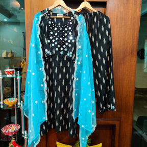 Black Ikat Mirror Cotton Stitched Suit Set