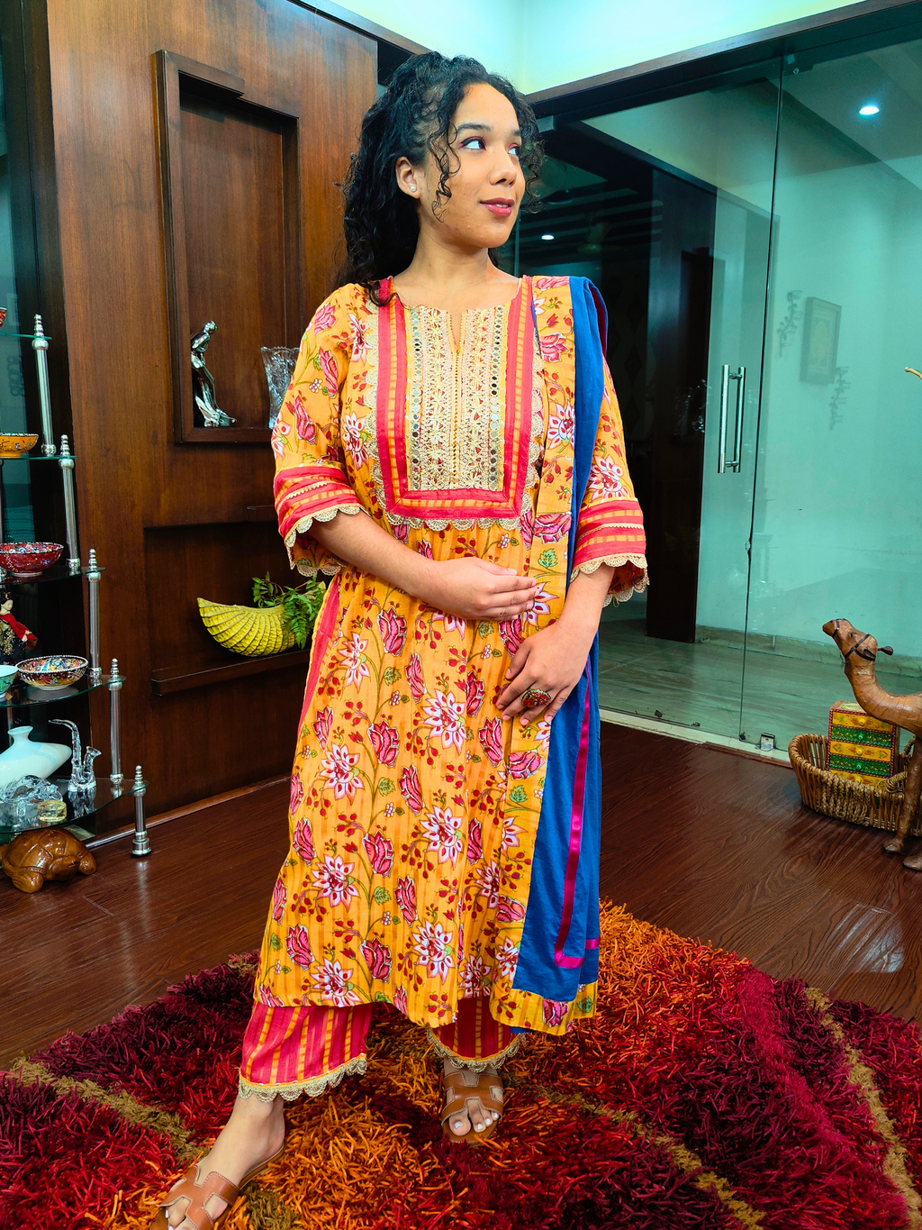 Yellow Floral Digital Printed Silver Gota Cotton Stitched Suit Set