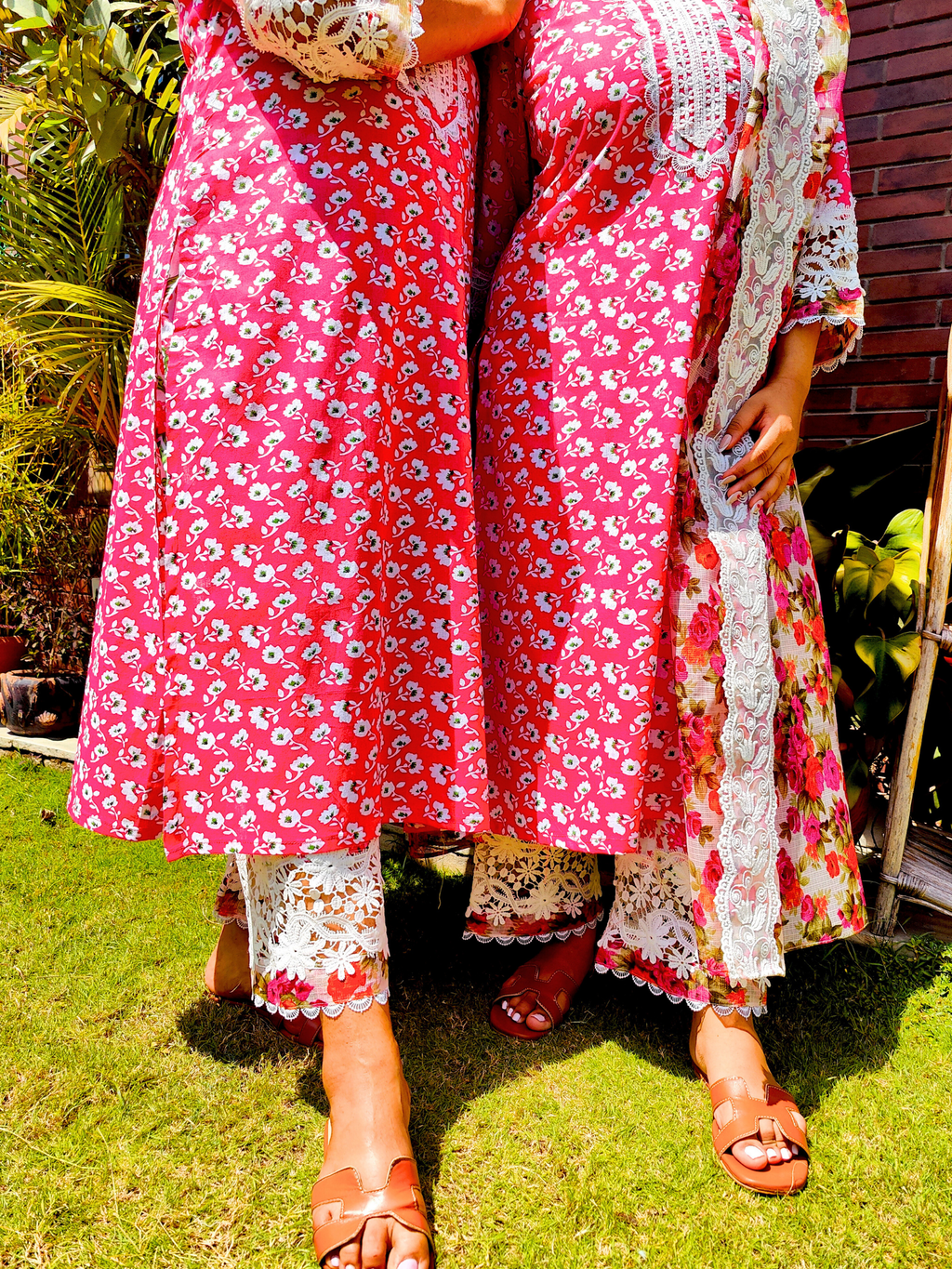 Magenta Cotton White Italian Lace Stitched Suit Set