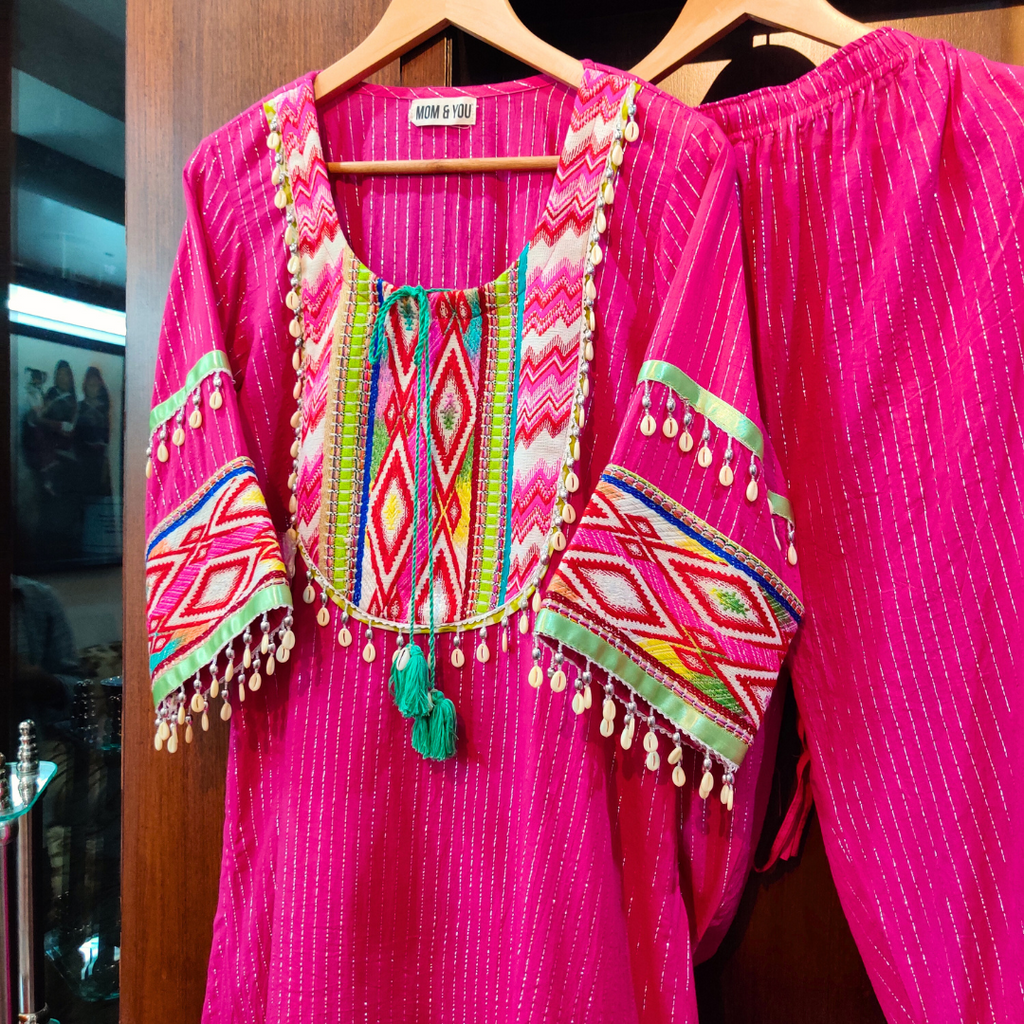 Magenta Multi Colour Embroidered Lurex Cotton Stitched Co-Ord Set