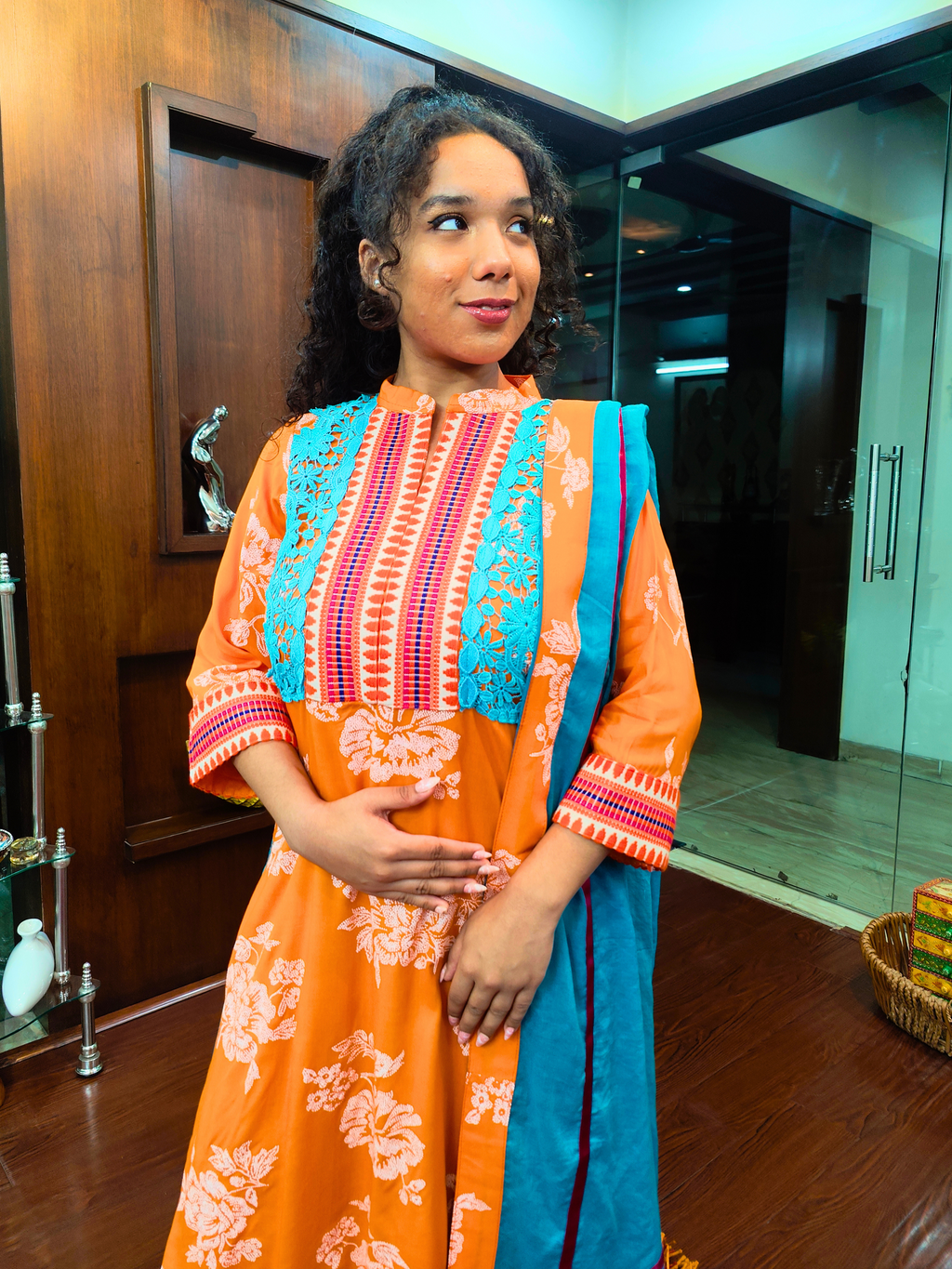 Orange Digital Printed Afghani Embroidered Stitched Suit Set