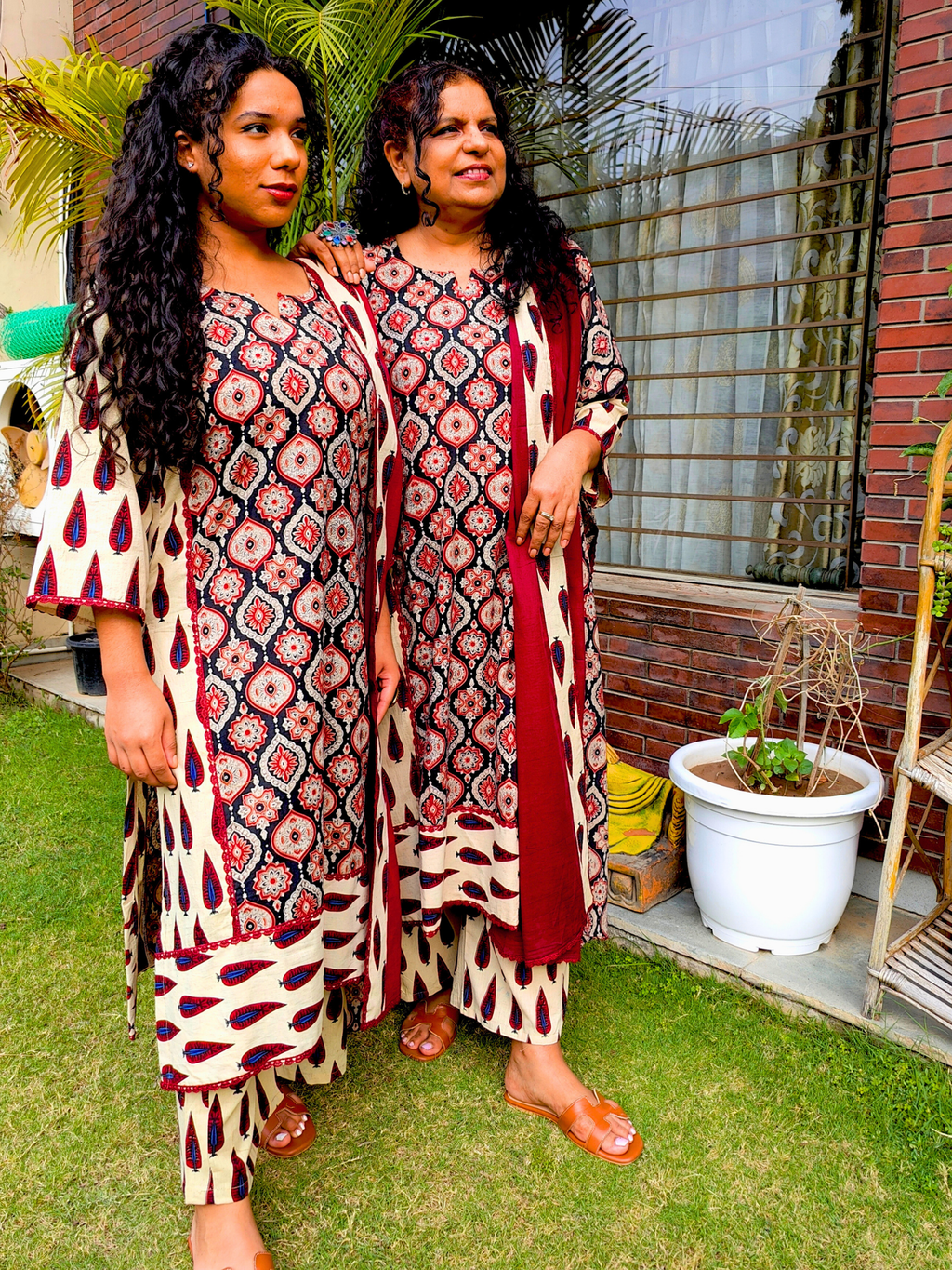 Cream Ajrakh Cotton Stitched Suit Set