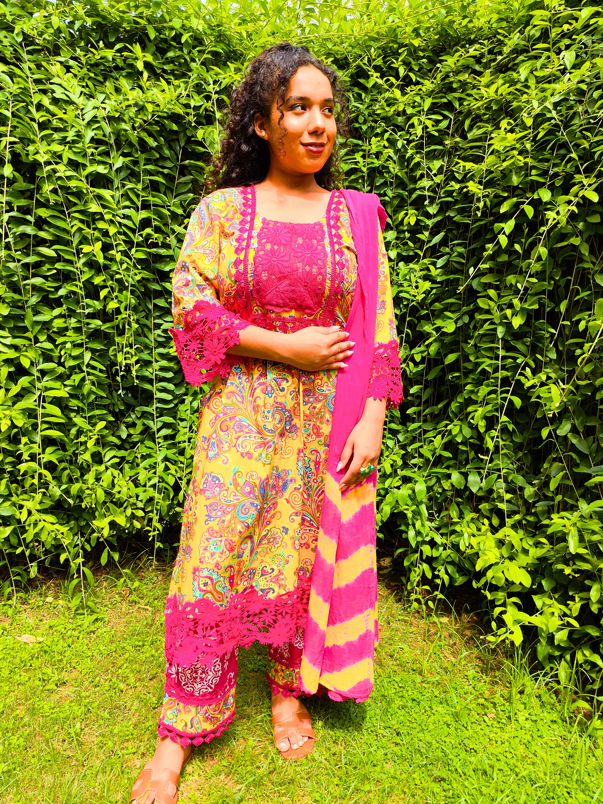Yellow Kalamkari Magenta Italian Lace Cotton Stitched Suit Set