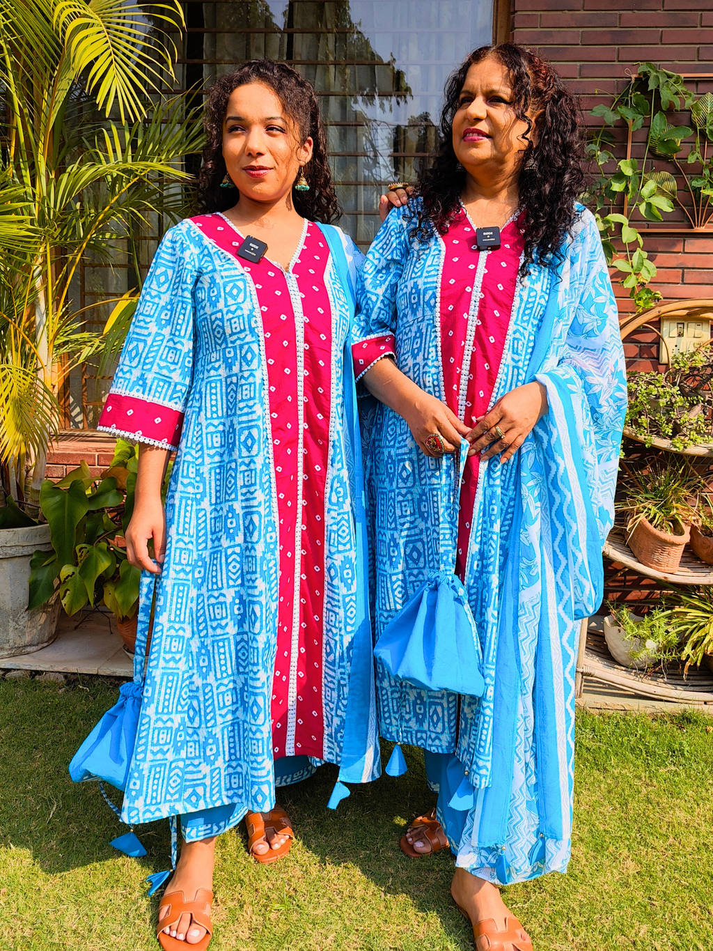 Sky Blue Digital Printed Magenta Bandhej Anarkali Cotton Stitched Suit Set