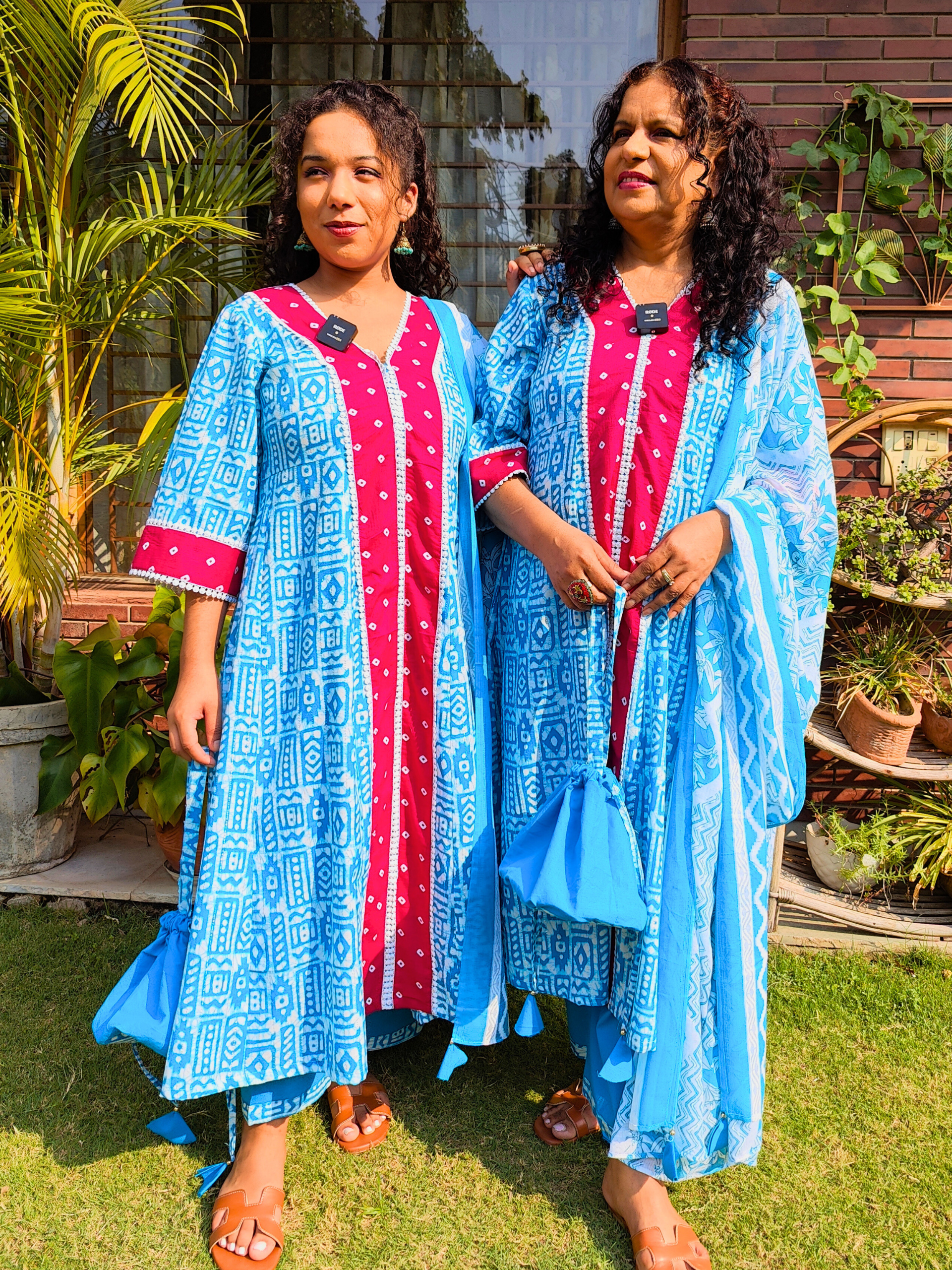 Sky Blue Digital Printed Magenta Bandhej Anarkali Cotton Stitched Suit Set