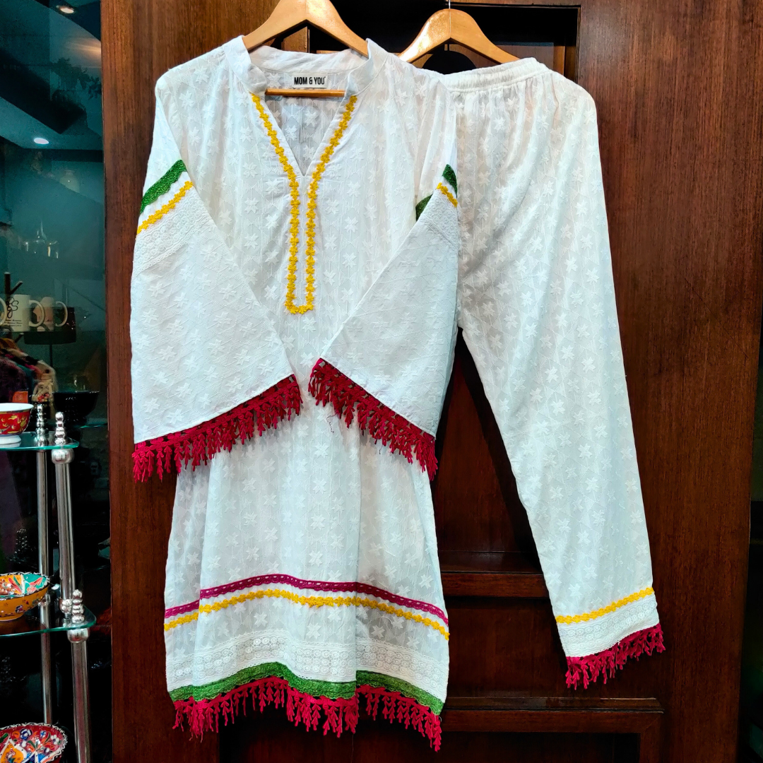 White Embroidered Lace Cotton Stitched Co-Ord Set