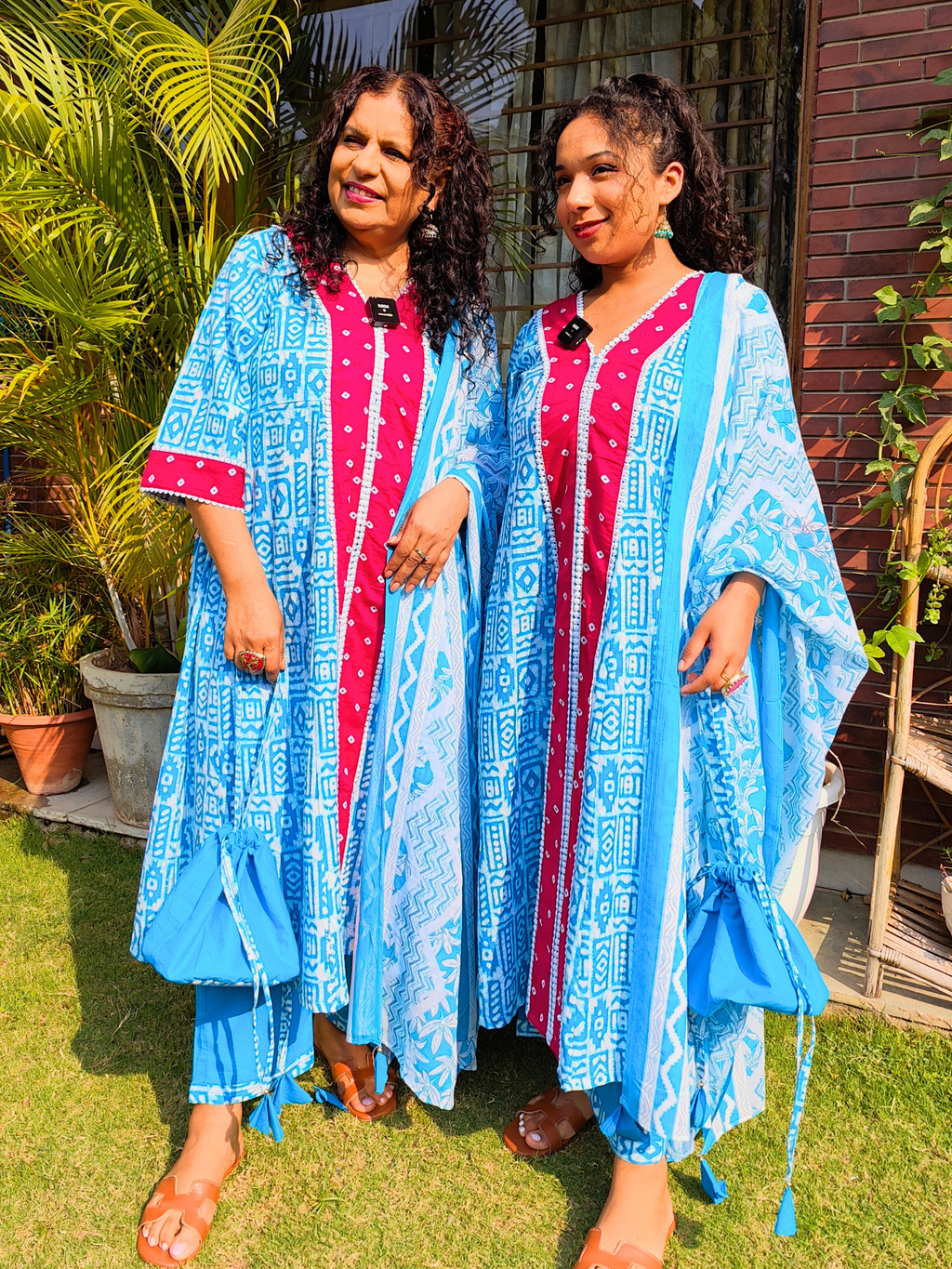 Sky Blue Digital Printed Magenta Bandhej Anarkali Cotton Stitched Suit Set