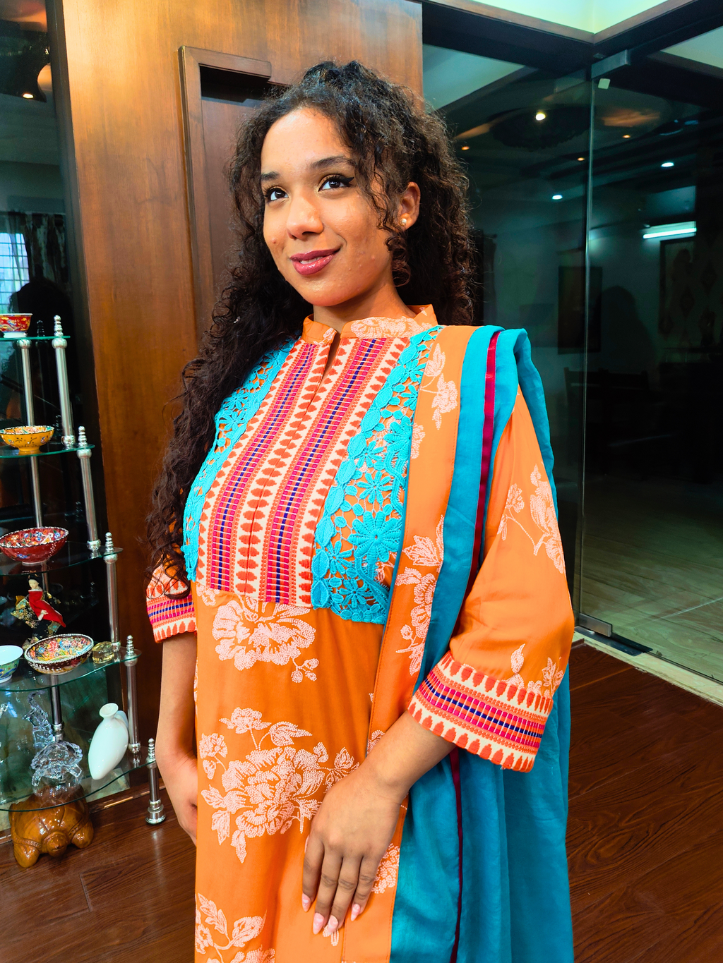 Orange Digital Printed Afghani Embroidered Stitched Suit Set