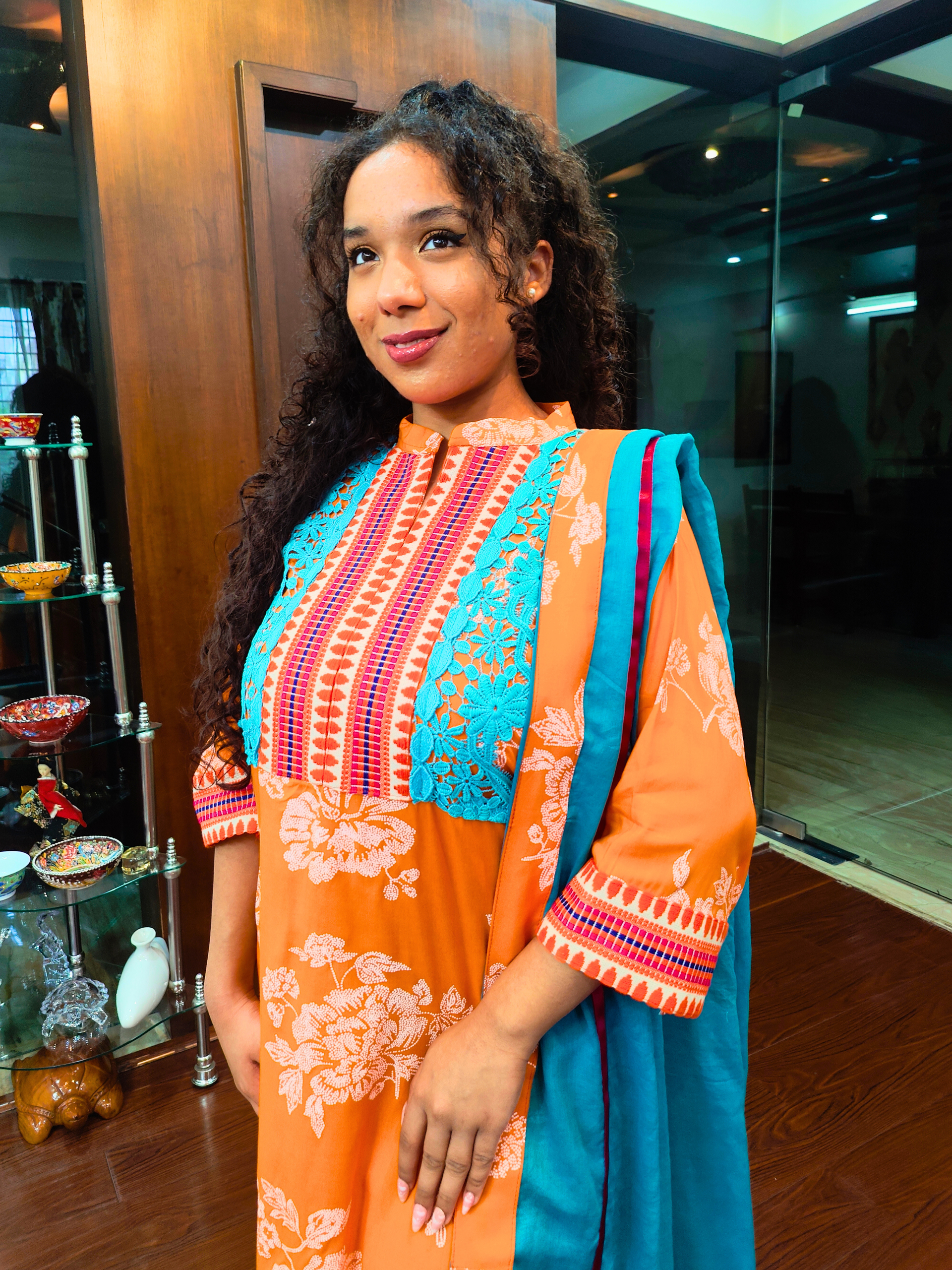 Orange Digital Printed Afghani Embroidered Stitched Suit Set