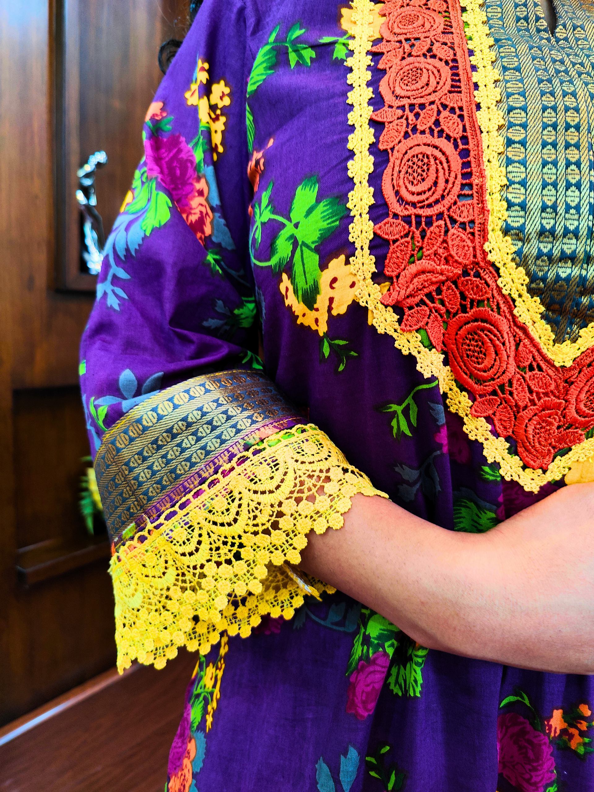 Purple Digital Printed Yellow Lace Cotton Stitched Suit Set