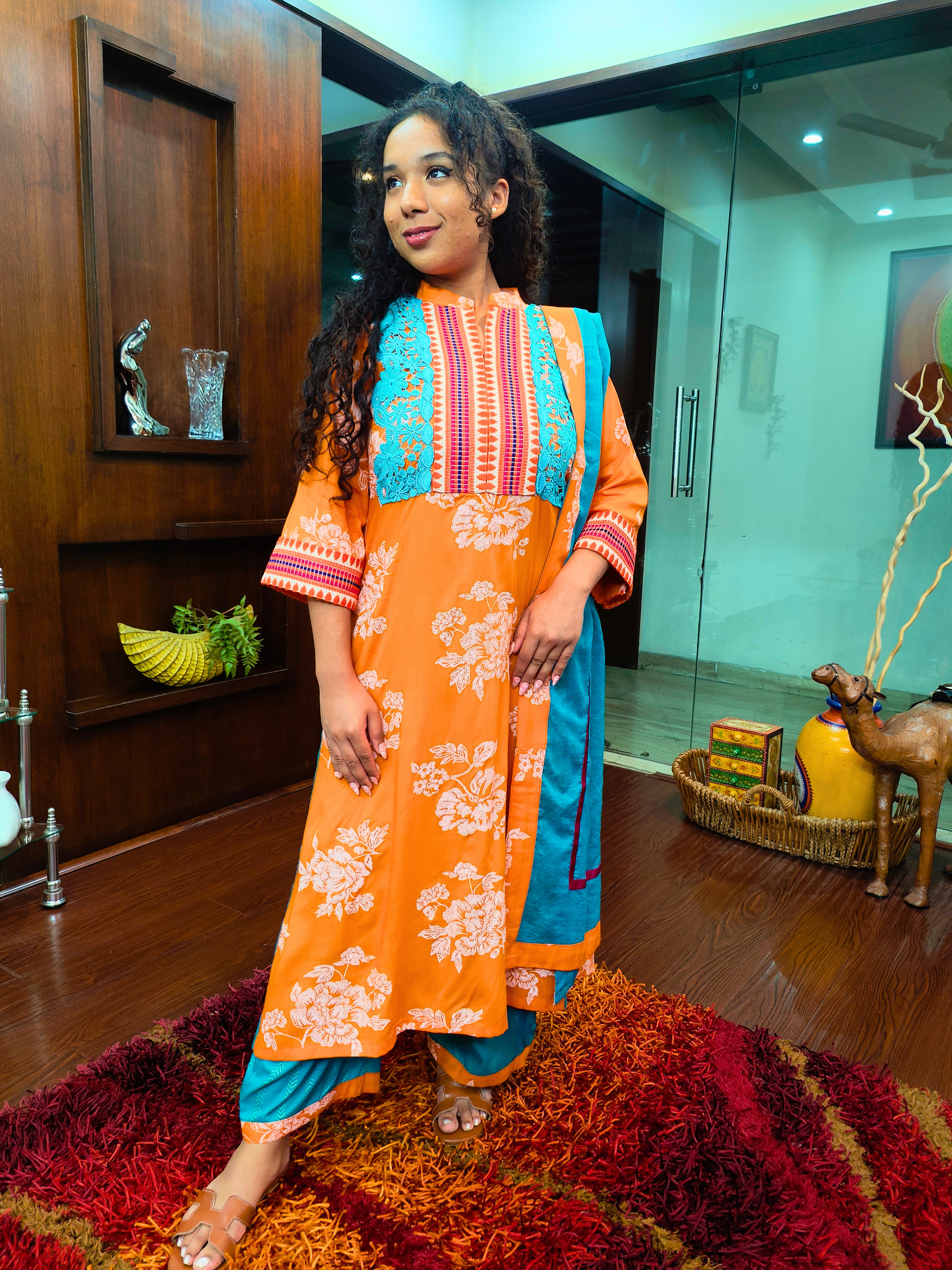 Orange Digital Printed Afghani Embroidered Stitched Suit Set