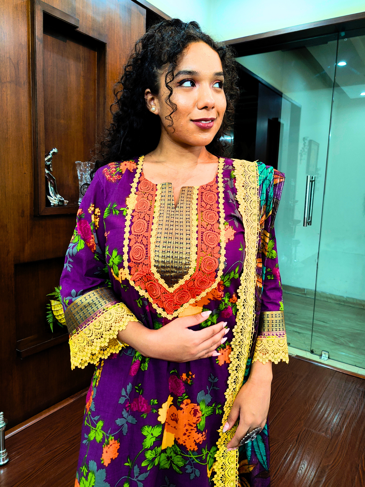 Purple Digital Printed Yellow Lace Cotton Stitched Suit Set