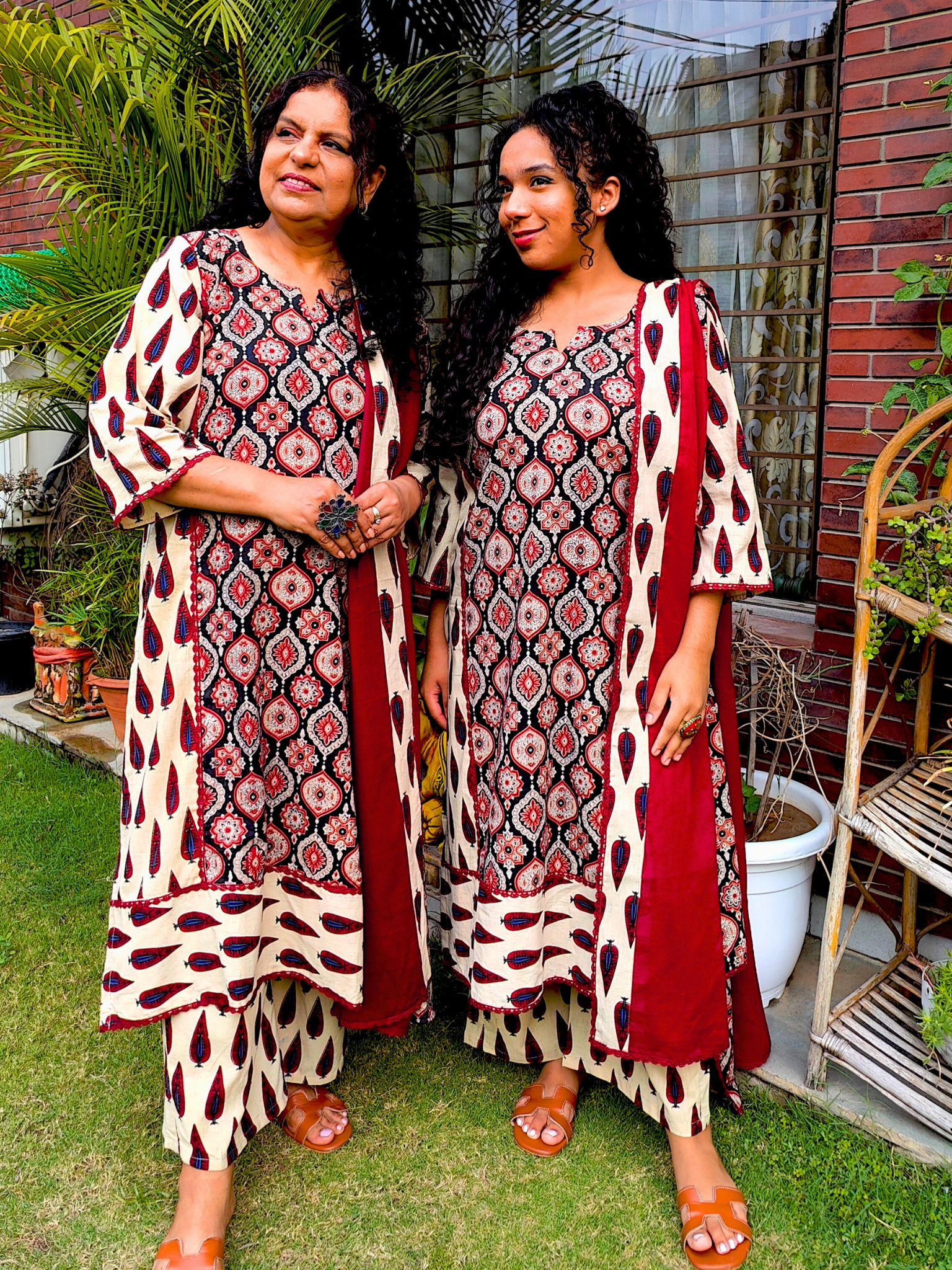 Cream Ajrakh Cotton Stitched Suit Set