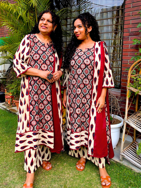Cream Ajrakh Cotton Stitched Suit Set
