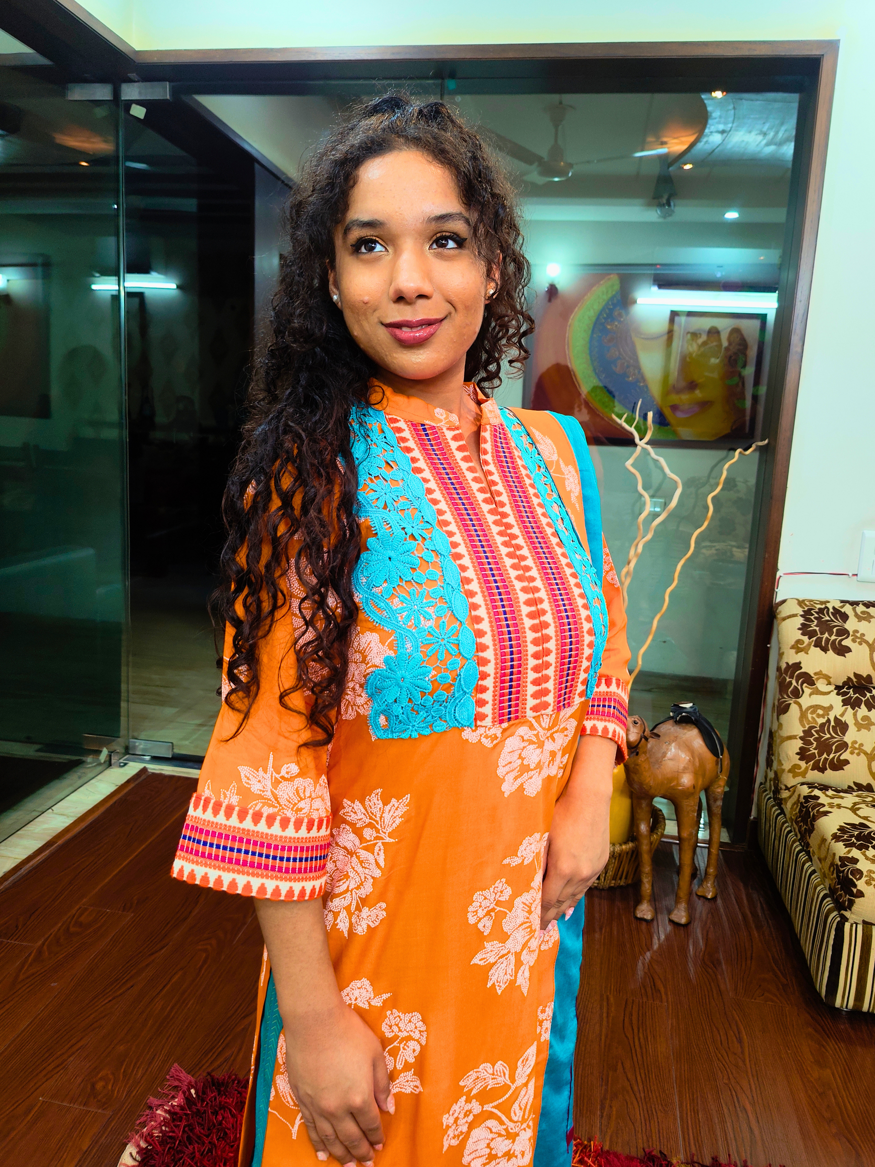 Orange Digital Printed Afghani Embroidered Stitched Suit Set