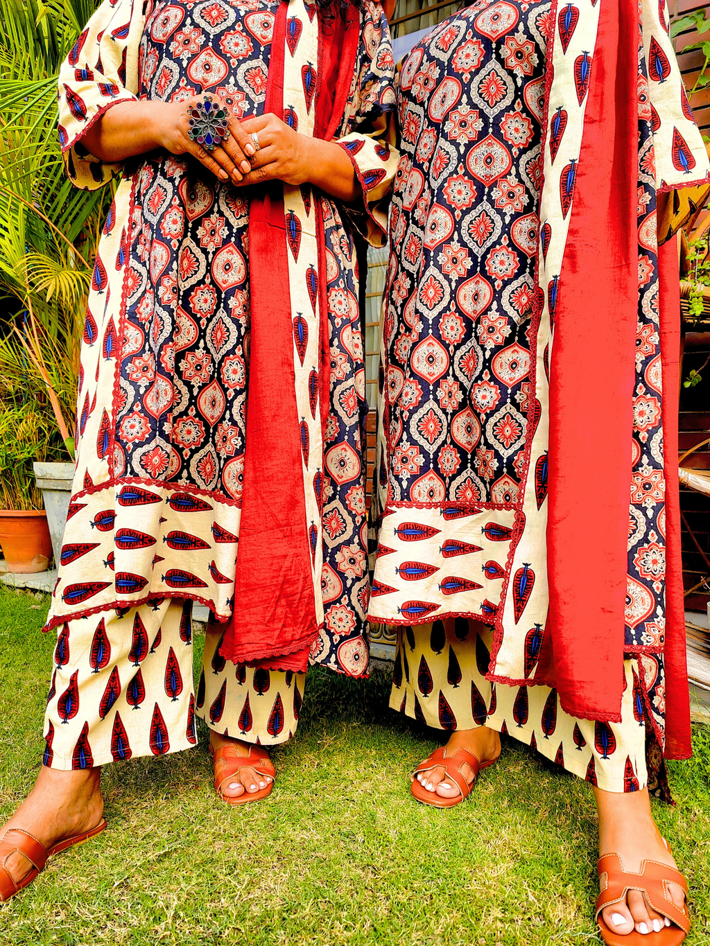 Cream Ajrakh Cotton Stitched Suit Set