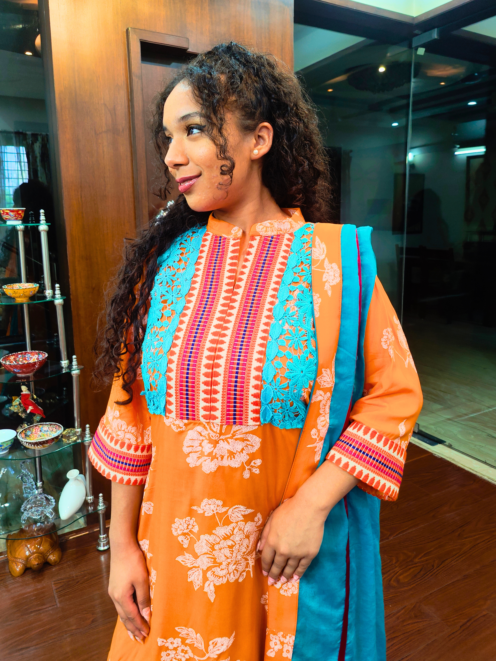 Orange Digital Printed Afghani Embroidered Stitched Suit Set