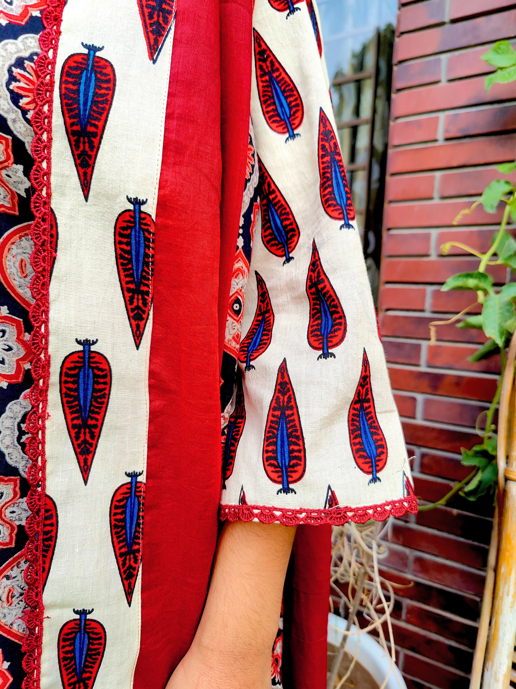 Cream Ajrakh Cotton Stitched Suit Set