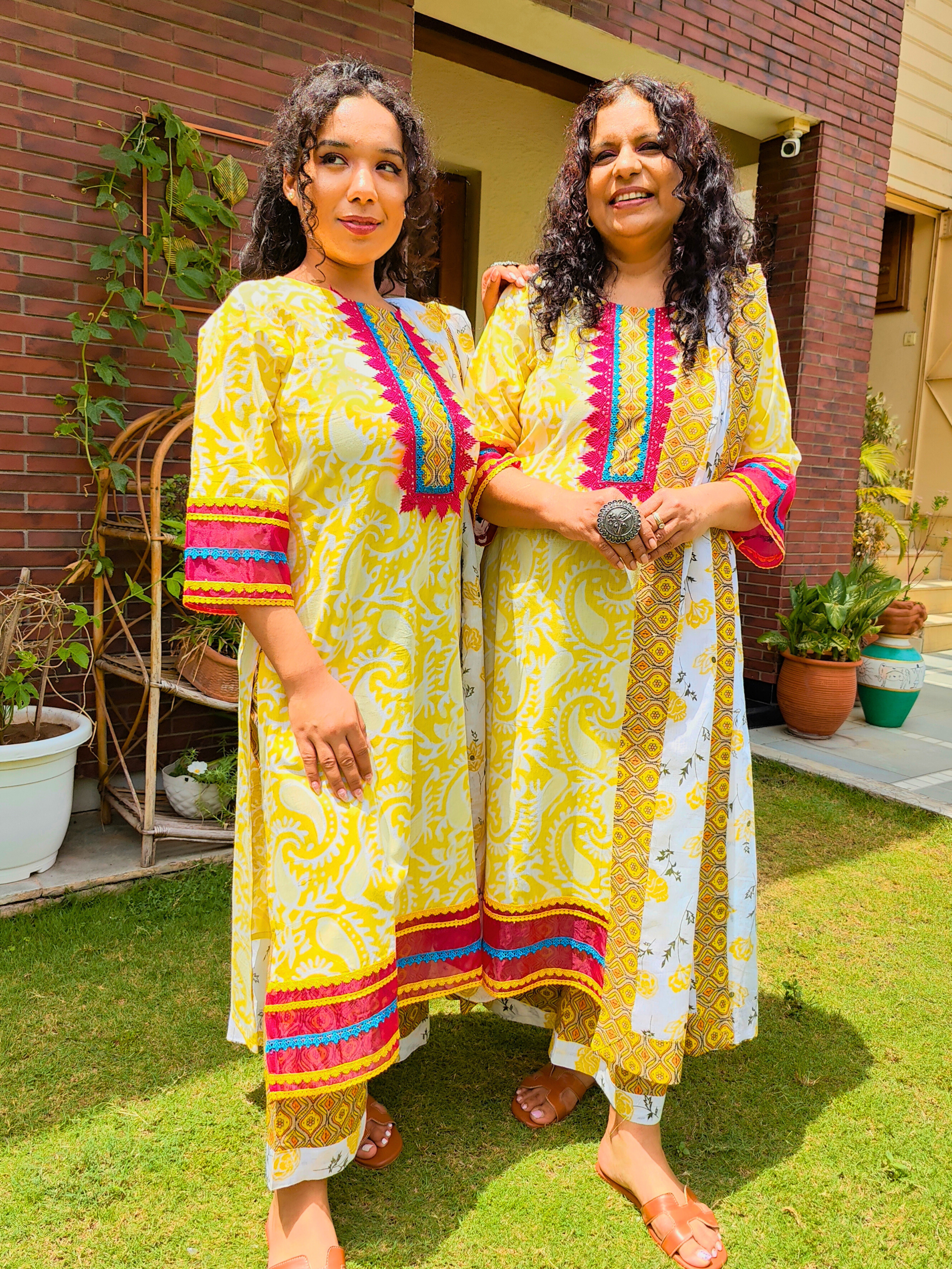 Yellow Handblock Magenta Lace Cotton Stitched Suit Set