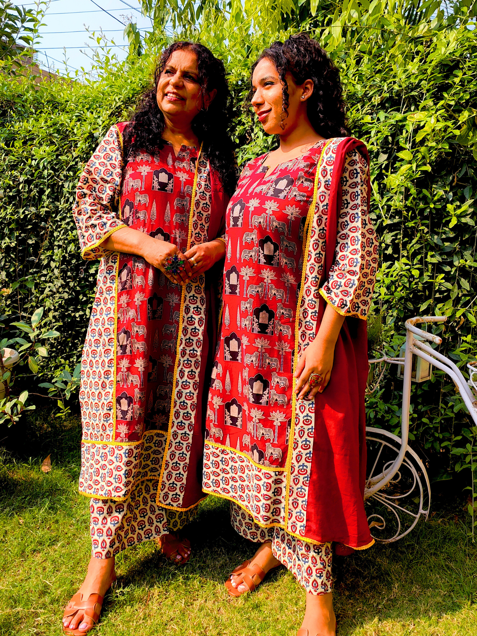 Maroon Ajrakh Yellow Lace Cotton Stitched Suit Set