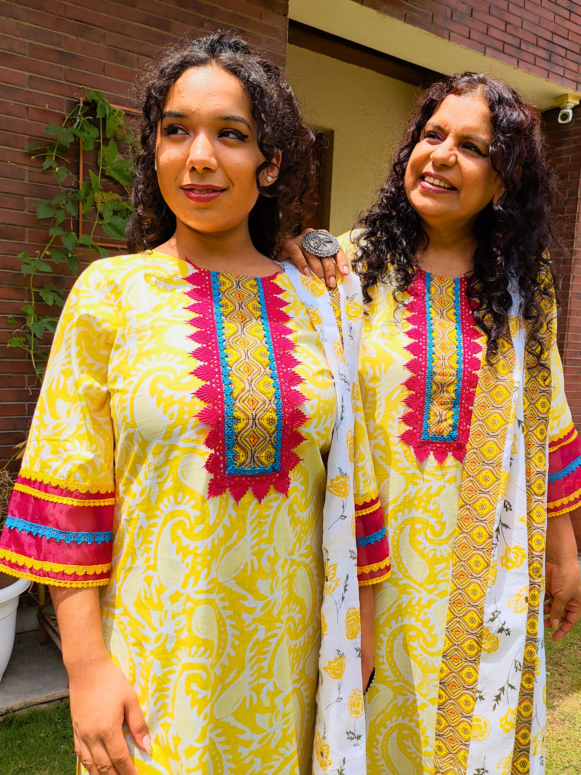 Yellow Handblock Magenta Lace Cotton Stitched Suit Set