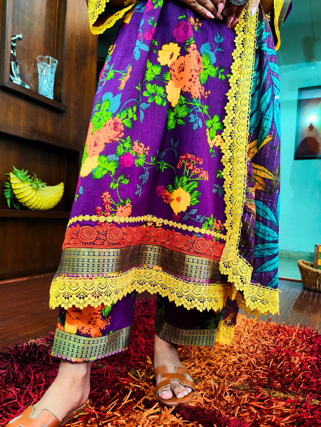 Purple Digital Printed Yellow Lace Cotton Stitched Suit Set