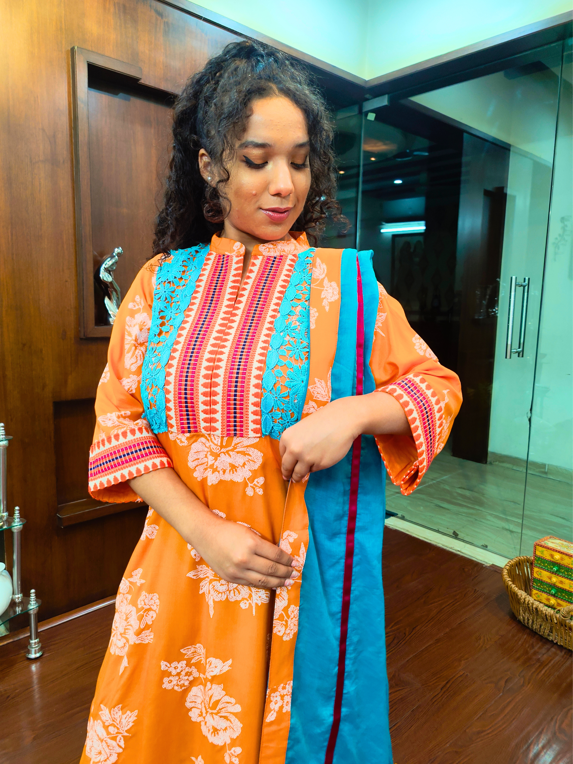 Orange Digital Printed Afghani Embroidered Stitched Suit Set