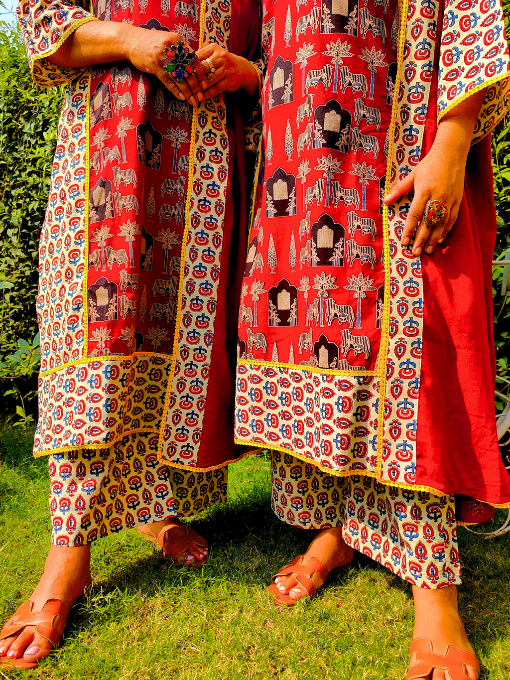 Maroon Ajrakh Yellow Lace Cotton Stitched Suit Set