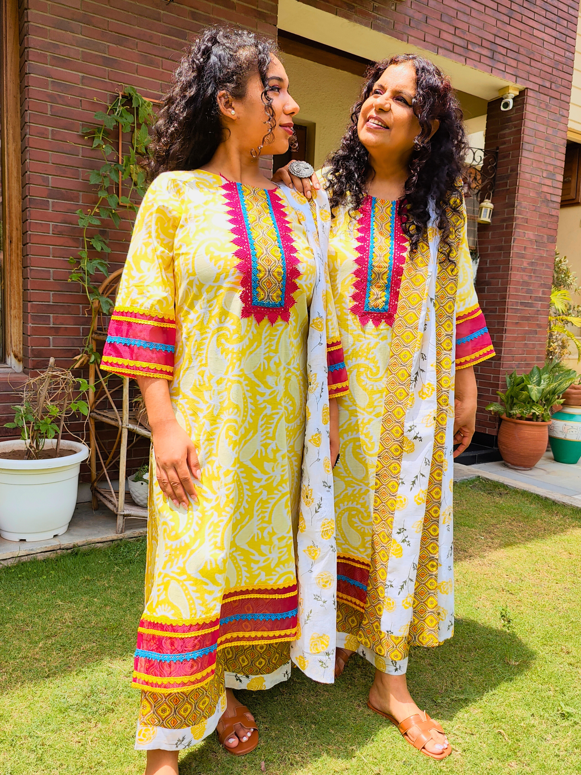 Yellow Handblock Magenta Lace Cotton Stitched Suit Set