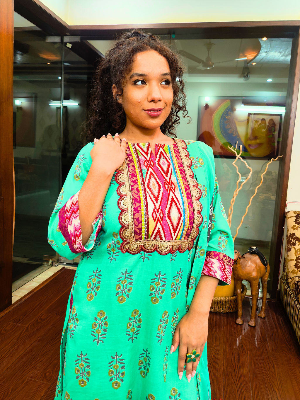 Green Handblock Multi Afghani Embroidered Stitched Suit Set