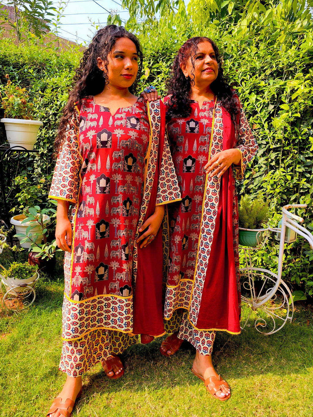 Maroon Ajrakh Yellow Lace Cotton Stitched Suit Set