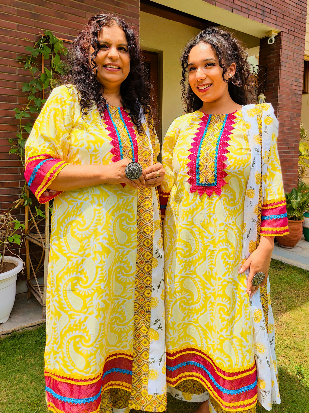 Yellow Handblock Magenta Lace Cotton Stitched Suit Set