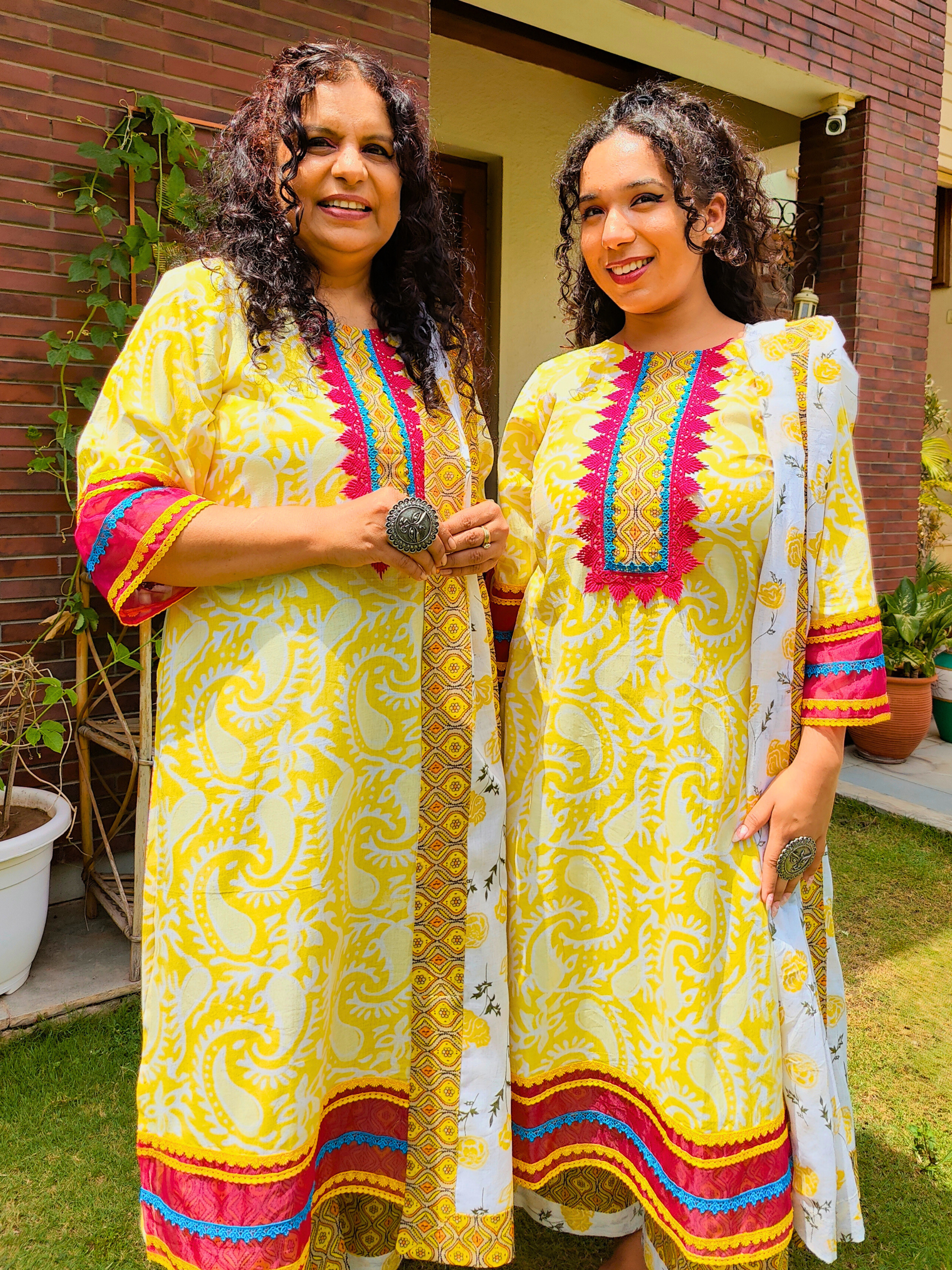 Yellow Handblock Magenta Lace Cotton Stitched Suit Set