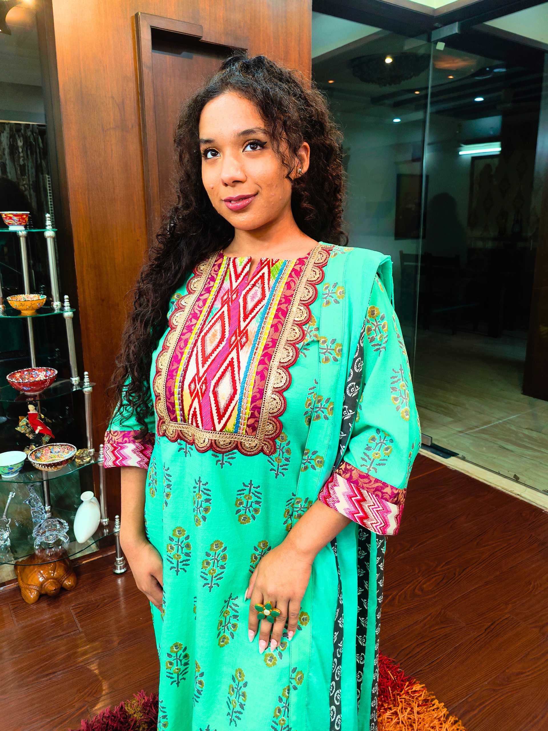 Green Handblock Multi Afghani Embroidered Stitched Suit Set