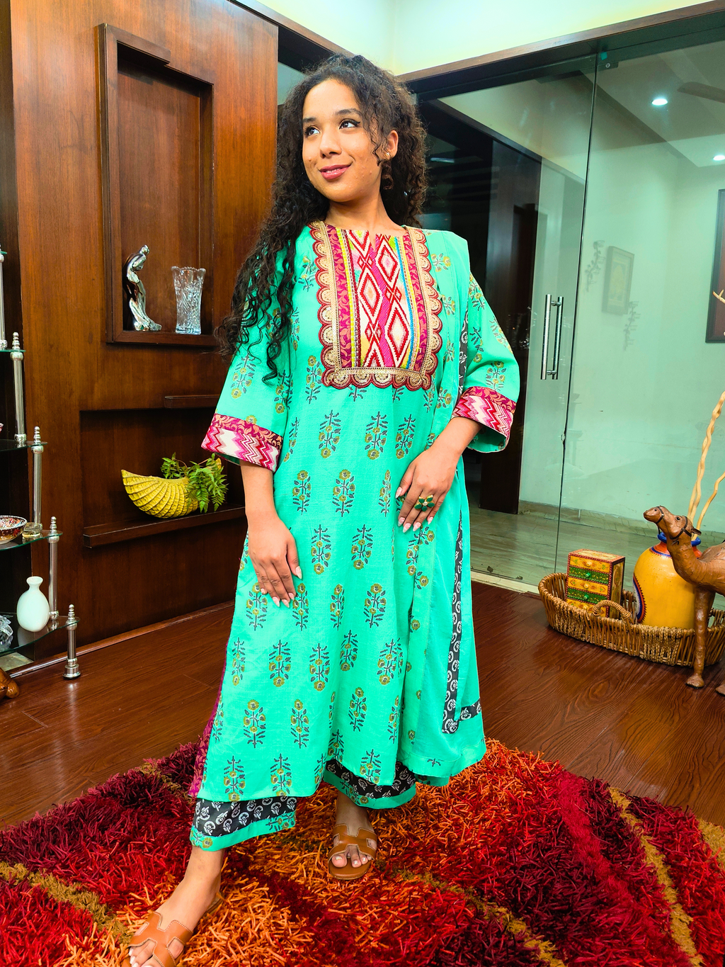 Green Handblock Multi Afghani Embroidered Stitched Suit Set