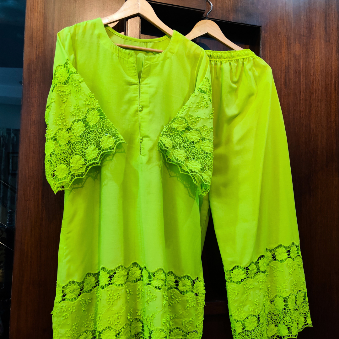 Lime Green Embroidered Cotton Stitched Co-Ord Set