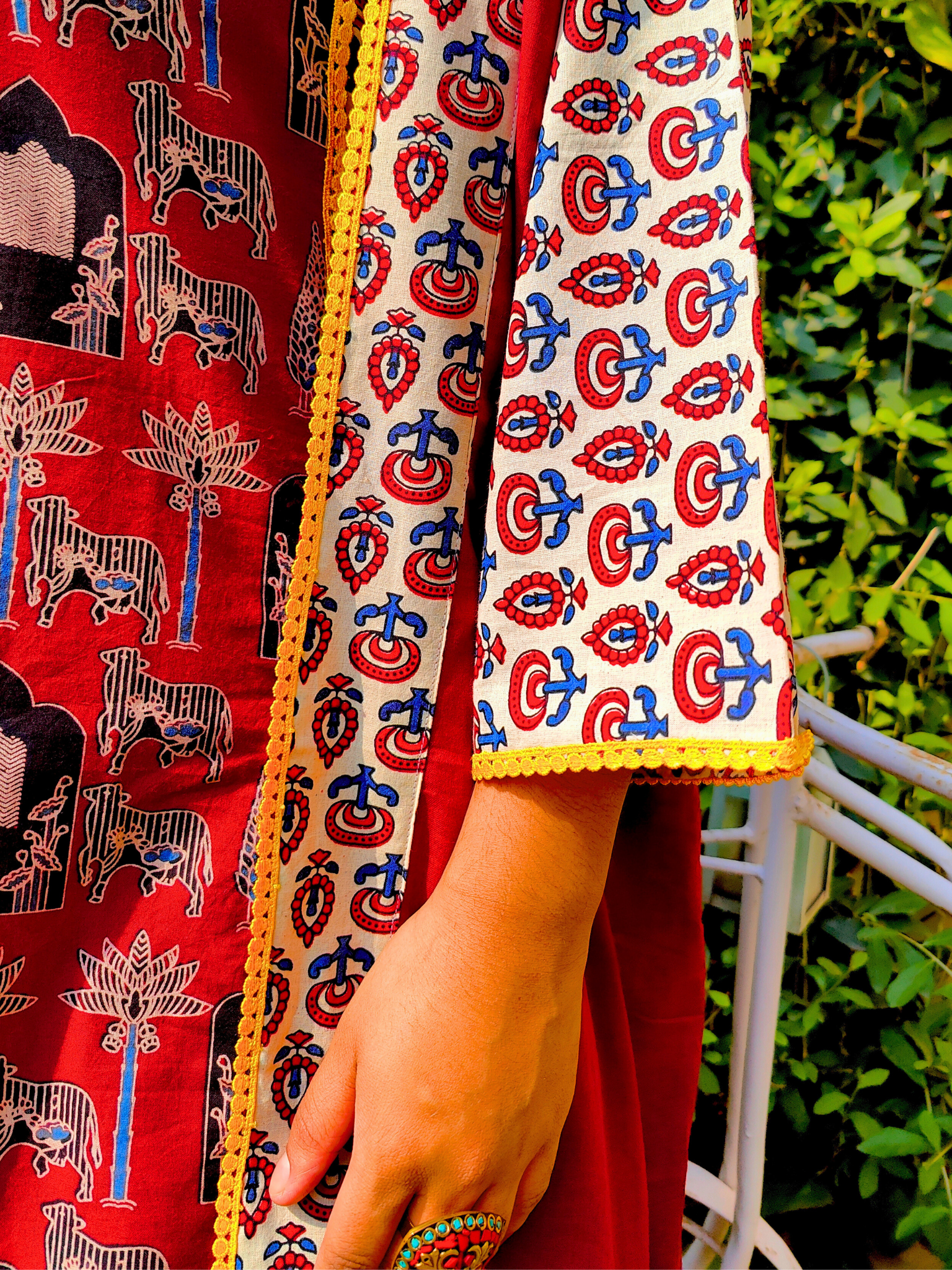 Maroon Ajrakh Yellow Lace Cotton Stitched Suit Set