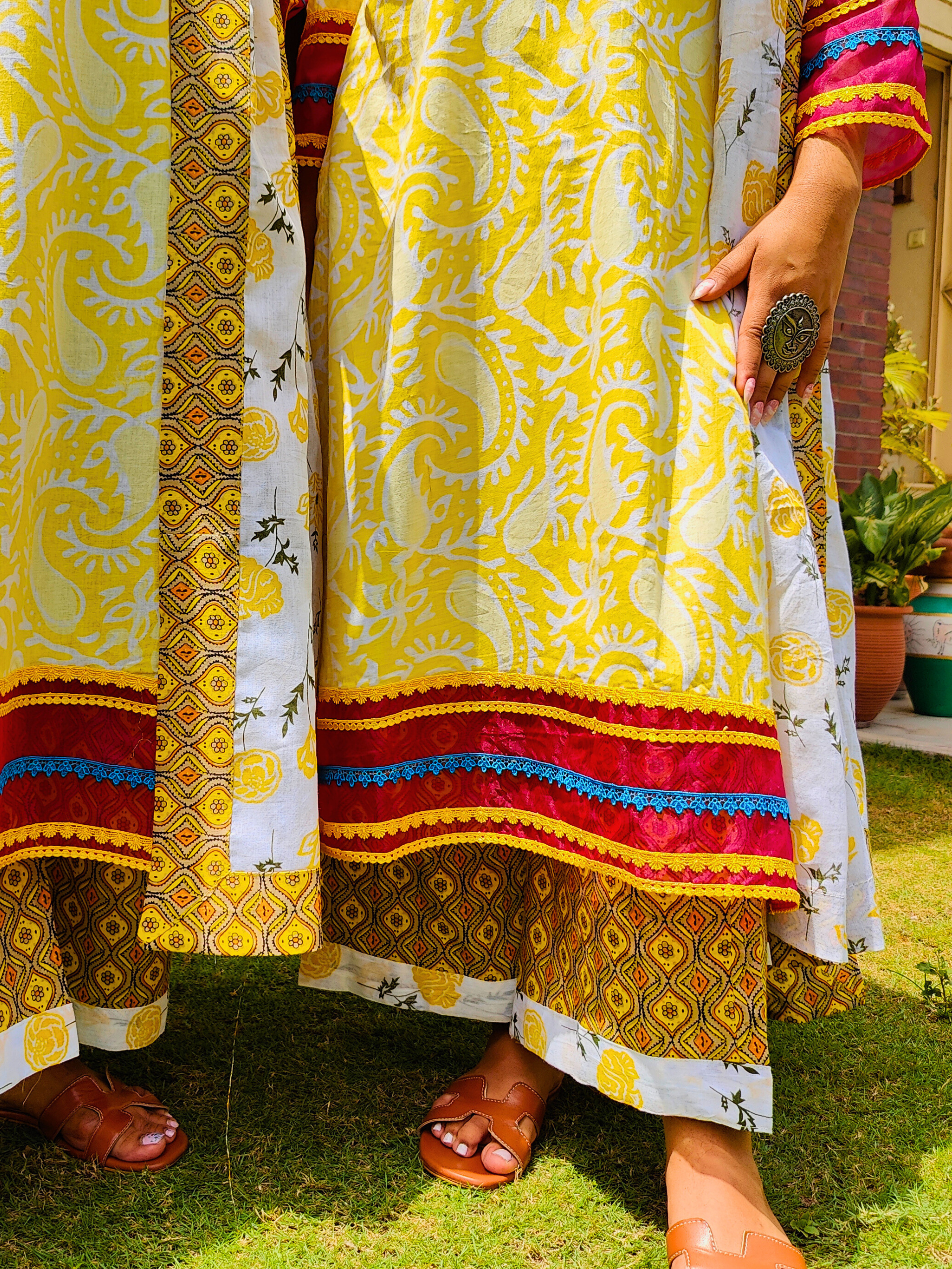 Yellow Handblock Magenta Lace Cotton Stitched Suit Set